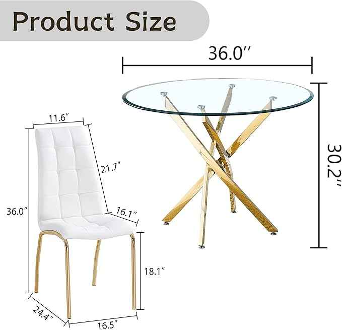 5 Piece Round Glass Dining Table Set, Round Tempered Glass Kitchen Tables Set for 4, Modern Table Set with 4 High-Back Upholstered Chairs for Kitchen Dining Room (Gold Legs, 4 White Chairs)