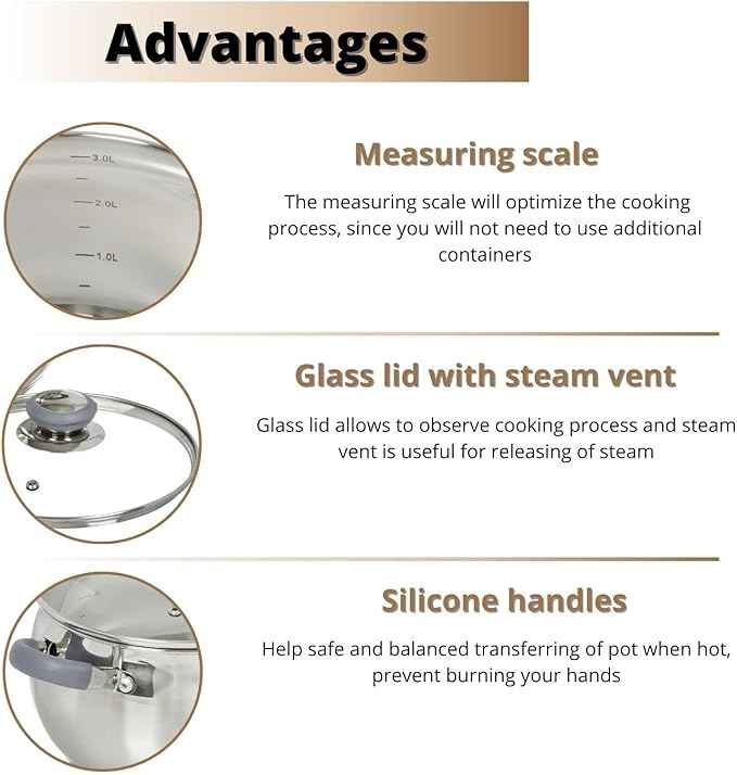 Daniks Modern 7 Quart Stainless Steel Stock Pot with Glass Lid, Tri-Ply Bottom for Even Heating, Induction Compatible, Dishwasher Safe, Heatproof Handles