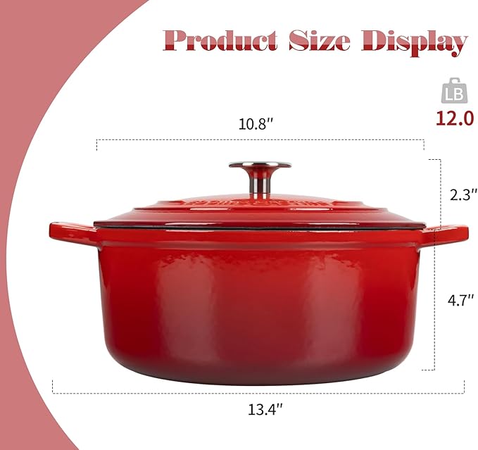 Enameled Cast Iron Dutch Oven, 5.5 Quart, Round Dutch Ovens Pot with Dual Handle for Bread Baking, Dutch Ovens with Lid, Bread Oven, Red