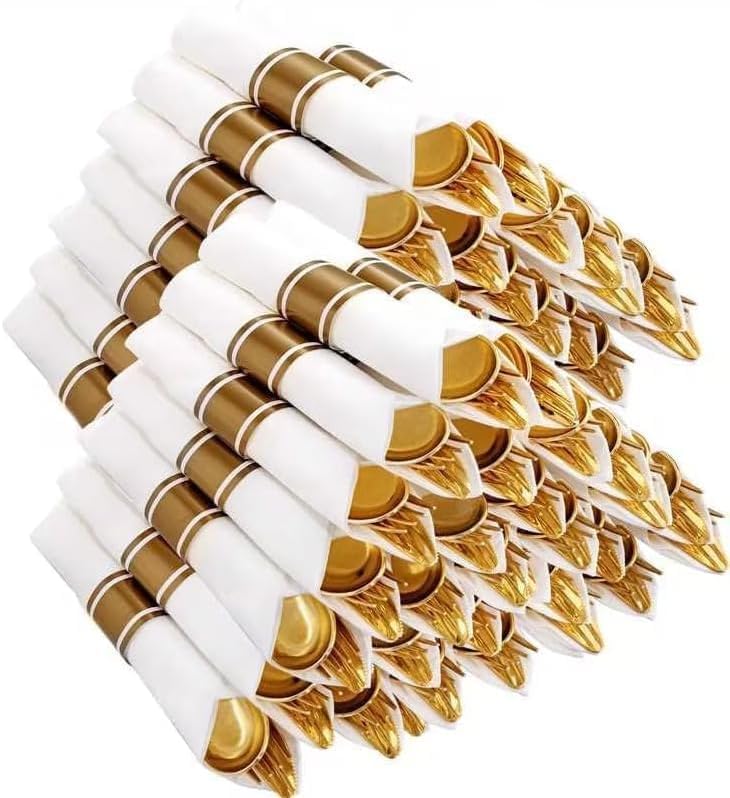 400PCS Pre Rolled Gold Plastic Silverware Sets (Gold - Classic)