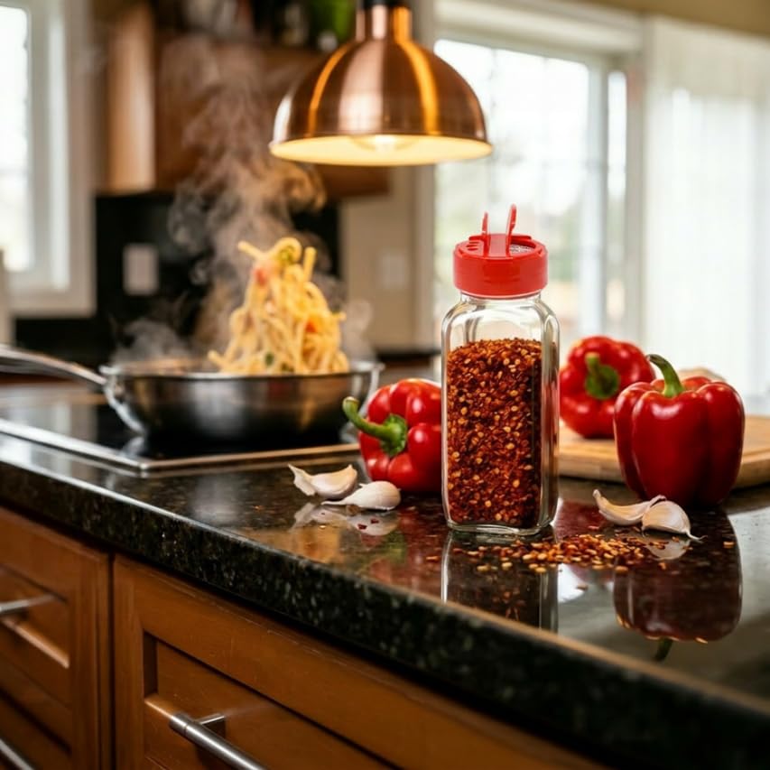 Glass Spice Jars with Shaker Lids (French Square 16oz Red Set of 2)
