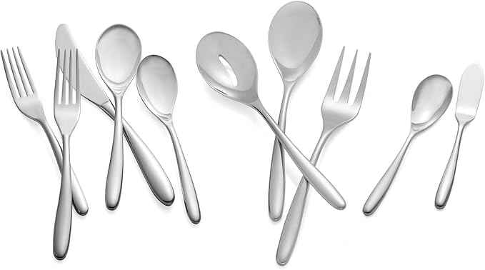 nambe Bend 45 Piece Flatware Set, 18/10 Mirror Stainless Steel Silverware Cutlery Set, Designed for Home Kitchens, Hotel, or Restaurants, Service for 5 and a 3pc Serving Utensil Set, Dishwasher Safe