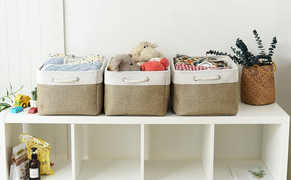 Organization and Storage Basket for Organizing (White & Khaki / 3PCS/X Large -17.7Lx13.8Wx9.8H)