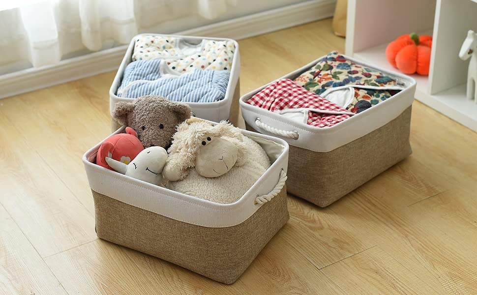 Storage Basket for Organizing (White & Khaki / 3PCS/Large - 15.7Lx11.8Wx8.3H)