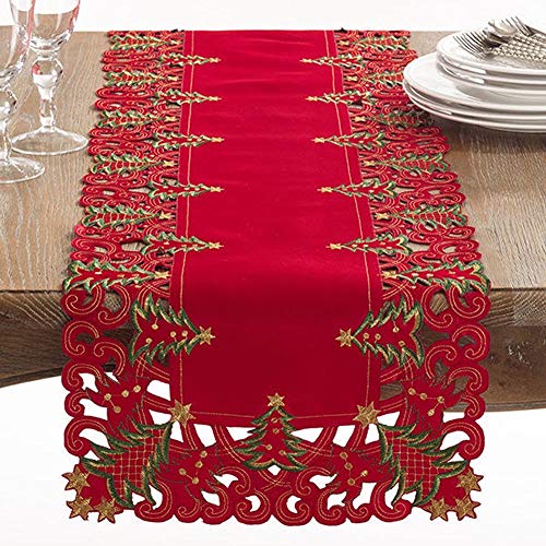 Pandoro Collection Holiday Embroidered Christmas Tree Cutwork Border 16 x 54 Inch Table Runner (Red / 16"x54" Table Runner)