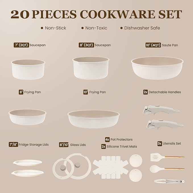 KIKCOIN Nonstick Pots and Pans Set, 20 Pack Ceramic Cookware Set with Detachable Handle, Induction RV Kitchen Cooking Set with Removable Handle, Frying Pans - Dishwasher/Oven Safe, PFOA Free