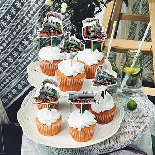 24Pcs Train Transportation Cupcake Toppers Vintage Locomotiv Cupcake Picks for Retro Train Boys Girls Birthday Party Baby Shower Cupcake Decorations Train Transportation Party Decors (Brown)