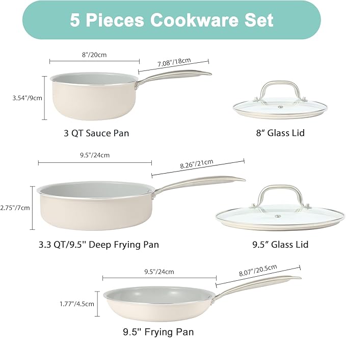 Pots and Pans Set Nonstick, 5-Piece Ceramic Cookware Set, Stainless Steel Handles, Induction Compatible & Oven Safe, Non Toxic Healthy Cooking Set for RV & Apartments, Cream White