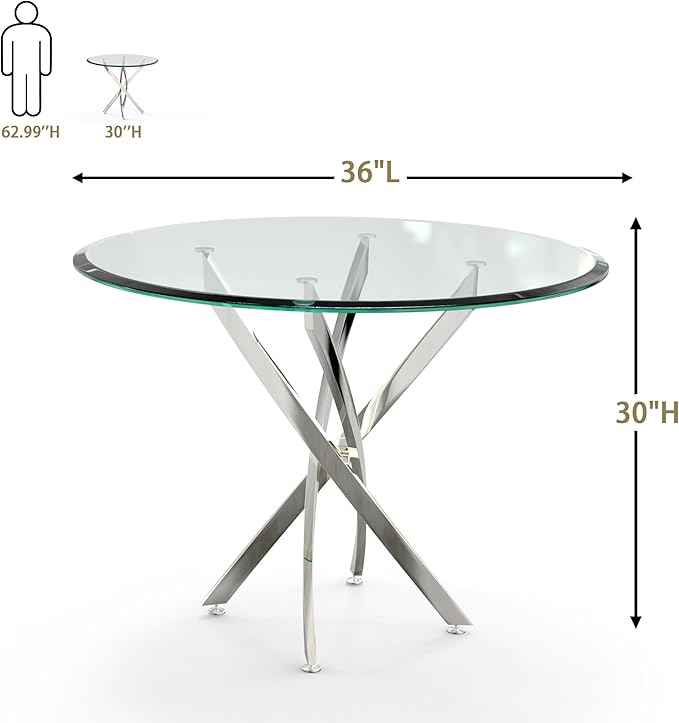 AF ARTISAN FURNITURE 36" Round Glass Dining Table for 4, Stainless Steel Legs & Tempered Glass Top, Modern Circle Leisure Table for Home Office Kitchen Dining Room Small Spaces (Silver Legs)