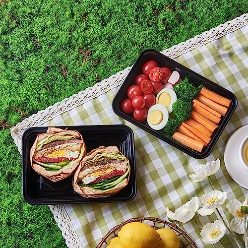 50 Pack Meal Prep Plastic Food Storage Containers With Lids 28 oz 1 Compartment Black Rectangular Reusable To Go Lunch Prepping Boxes BPA (28S-50)