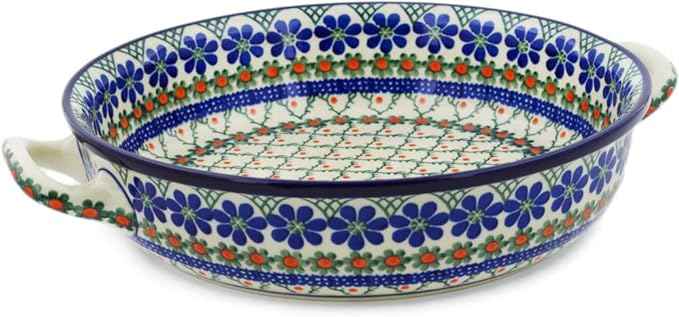 Polmedia Polish Pottery Round Baker with Handles 10-inch - Primrose Trellis Pattern Handmade in Boleslawiec Poland by Ceramika Artystyczna + Certificate of Authenticity