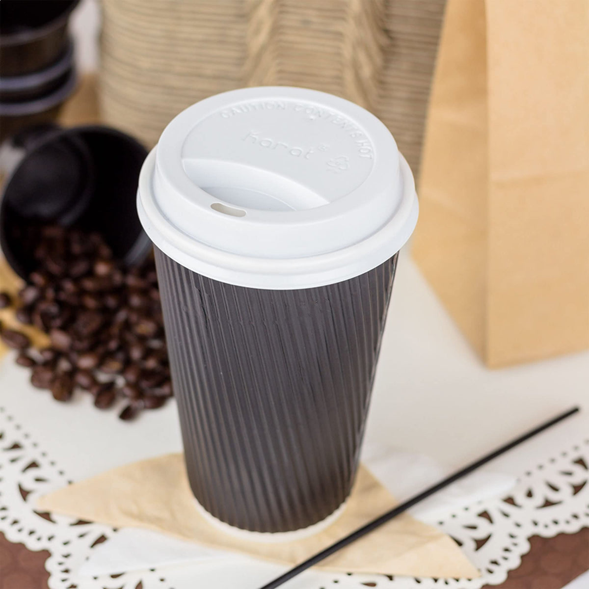 16oz Ripple Insulated Coffee Hot Cups [500 Count] Black Double Poly Lined Paper Hot Cup (16 OZ / Black)