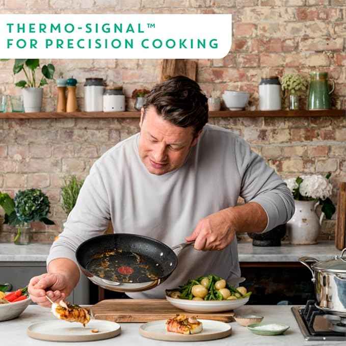 T-Fal x Jamie Oliver Nonstick Coated Stainless Steel Pans 9.5" & 11", Induction Compatible, Oven Safe up to 500°F, Chef's Stainless Steel Skillet, Frying Pan, Silver