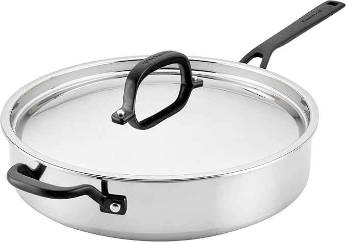 KitchenAid 5-Ply Clad Stainless Steel Stainless Steel Induction Saute Pan with Lid, 5 Quart - Polished Stainless Steel