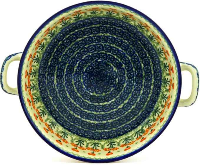 Polmedia Polish Pottery Round Baker with Handles 10-inch - Peach Spring Daisy Pattern Handmade in Boleslawiec Poland by Ceramika Artystyczna + Certificate of Authenticity