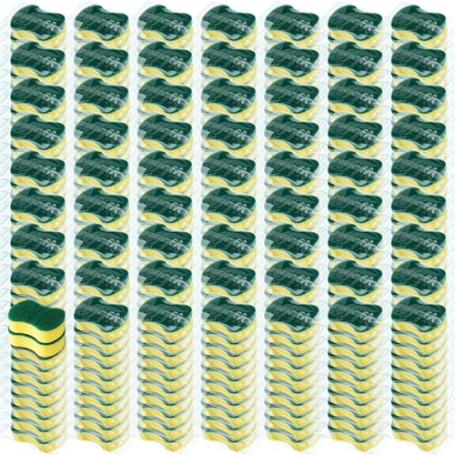 1000 Pcs Individually Wrapped Sponges Kitchen Bulk Non Scratch Scouring Sponges for Dishes Household Cleaning Travel Apartments Hotel Car (Yellow Green)