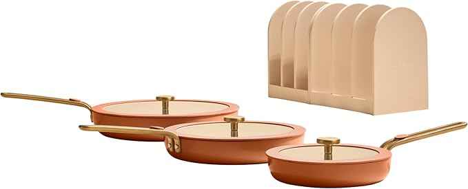 Our Place 8-Piece Essentials Complete Cookware Set - Ceramic Fry Pan Trio & Modular Rack Storage | Nontoxic Thermakind™ Nonstick, Oven Safe up to 450°F & Compatible with All Cooktops | Terracotta