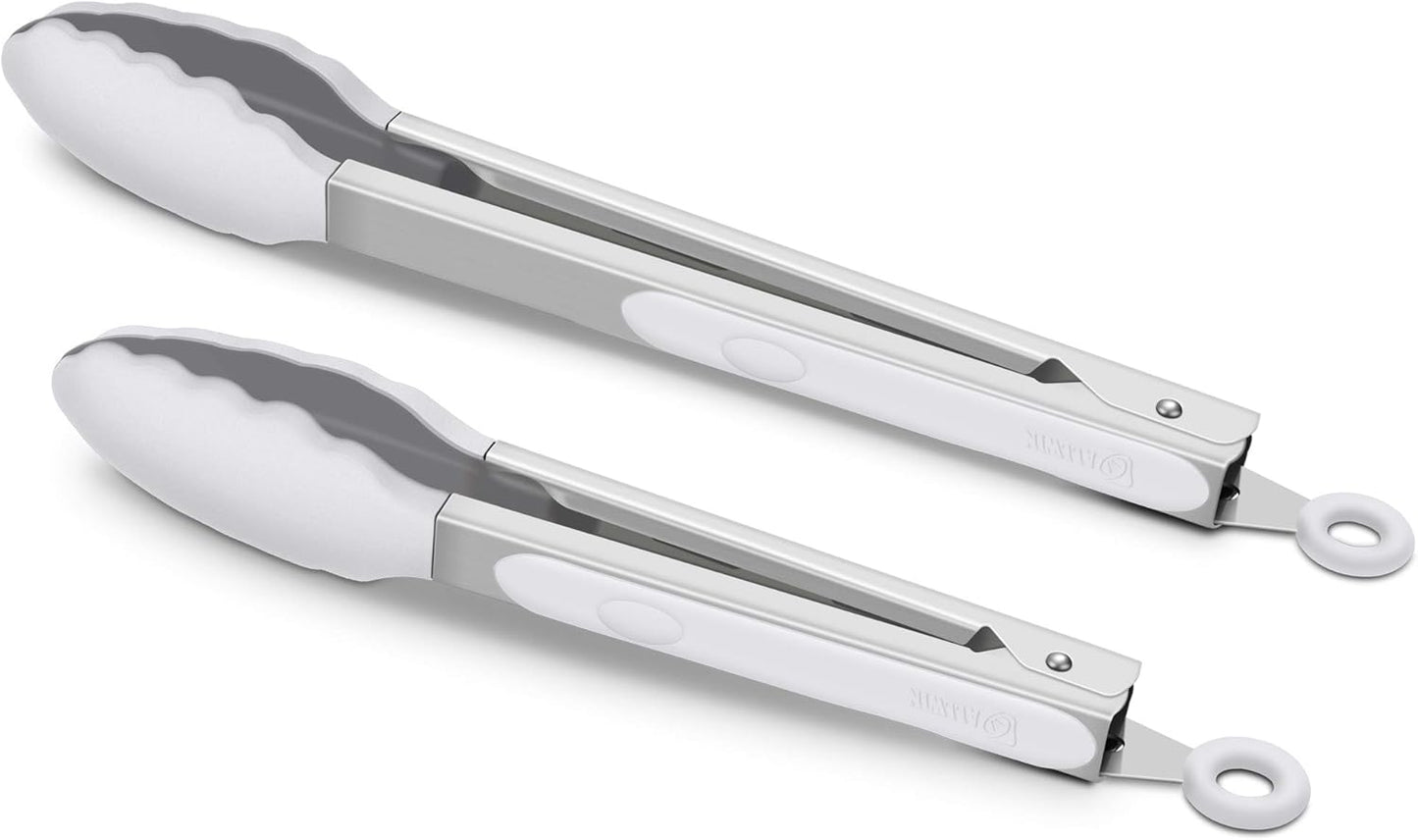 Premium Silicone Set of 2 Cooking Tongs, 9-Inch & 12-Inch BPA Free Non-Stick Stainless Steel BBQ Grilling Locking Food Tong, Light Grey