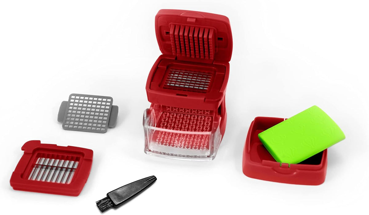 Garlic-A-Peel Garlic Press, Crusher, Cutter, Mincer, and Storage Container - Includes Silicone Garlic Peeler - Easy to Clean - Stainless Steel Blades – (Red), standard - HomeSpice