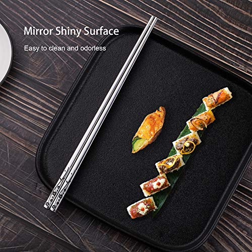 Metal Chopsticks Reusable 316 Stainless Steel Chopsticks Multipack Dishwasher Safe Chop Sticks Square Fancy Laser Engraved Non (Shiny silver 316 stainless steel)
