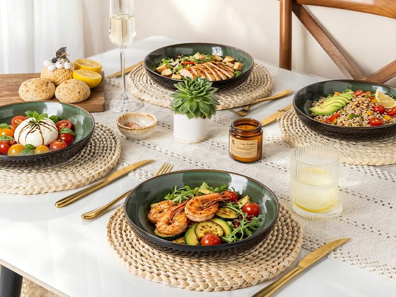 9.0" Ceramic Pasta Bowls Set of 4 (Set of 4 / Green)