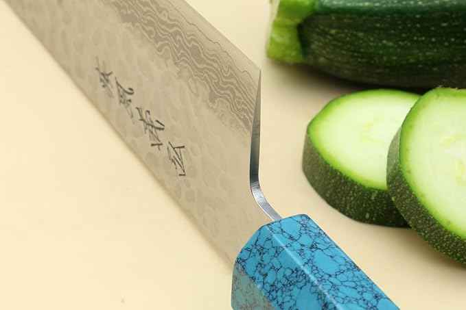 Yoshihiro VG-10 46 Layers Hammered Damascus Gyuto Japanese Chefs Knife Octagonal Turquoise Blue Handle 8.25" (210mm)