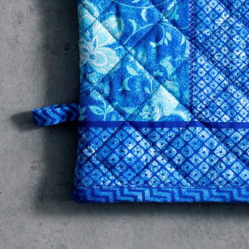 100% Cotton Oven Mitt & Pot Holder Set (027 - Indigo Love / 7.5" x 13" & 8" x 8" (Oven Mitt & Pot Holder))