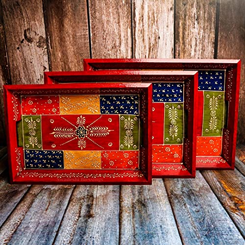 Hand Painted Wooden Serving Tray Set of 3 (Antique Red / Set of 3)