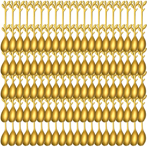 100 Pcs Demitasse Espresso Spoons Tea Spoon Bulk 4.33" (Gold / Leave)