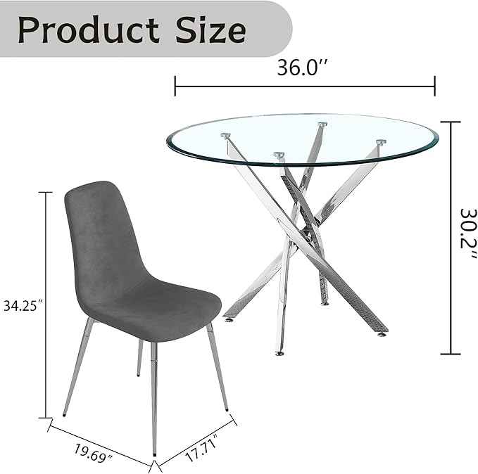 36" Round Glass Dining Table Set for 4, 5-Piece Modern Kitchen Table with 4 Grey Velvet Small Chairs, Modern Circle Leisure Tables for Home Office Dining Room Small Spaces (Silver Leg)
