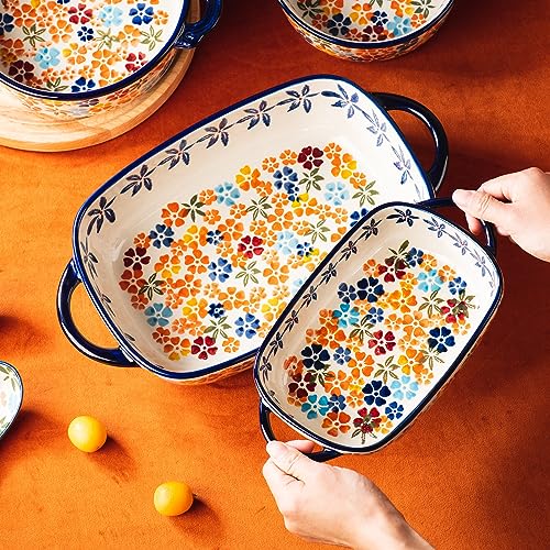 Retro pastoral style Ceramic Baking Dish Rectangular Bakeware Set Baking Pan (Colorful Flower)