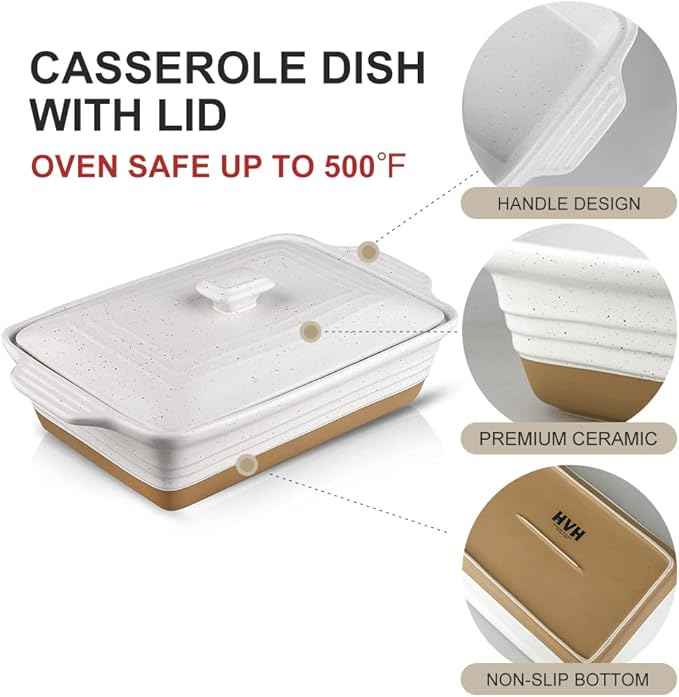 HVH Ceramic Casserole Dish with Lid - Oven Safe, 9x13 Rectangular Baking Dish, 3.5 Quart, Farmhouse Style (White)