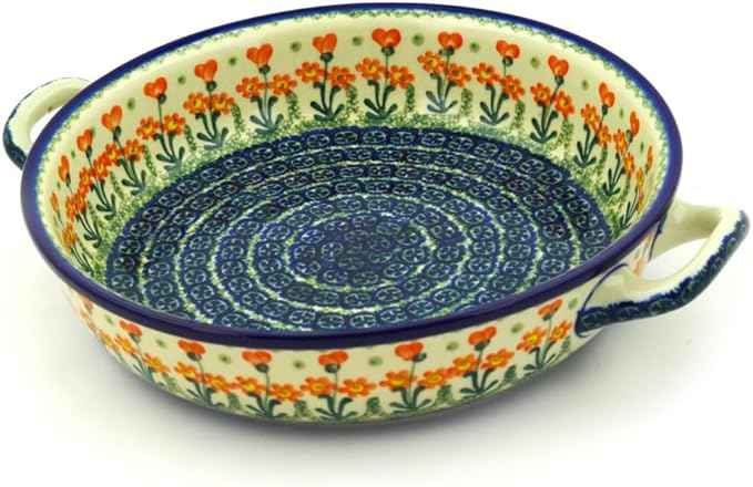 Polmedia Polish Pottery Round Baker with Handles 10-inch - Peach Spring Daisy Pattern Handmade in Boleslawiec Poland by Ceramika Artystyczna + Certificate of Authenticity
