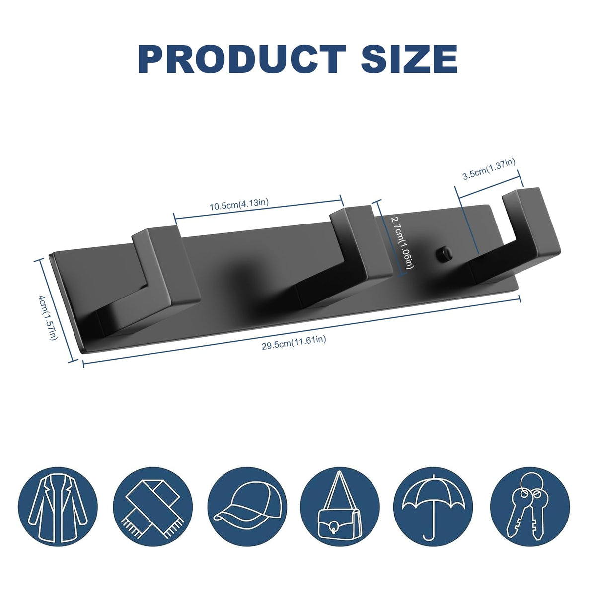 Stainless Steel Wall Coat Rack (Black / 3 "L" Hooks, 1PACK)