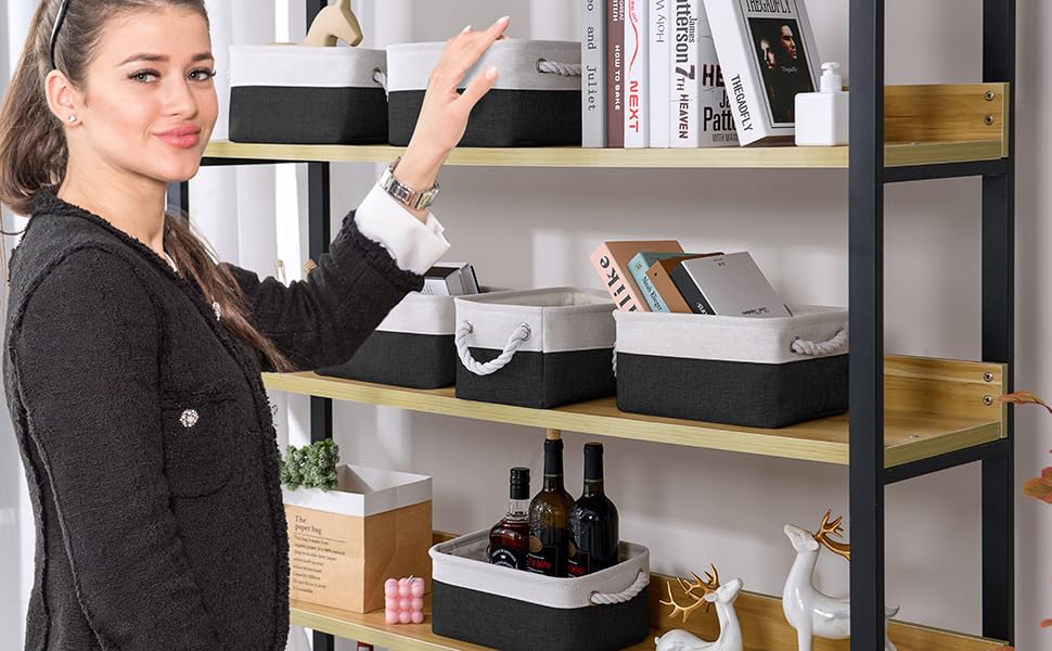 Storage Bins for Shelves (White & Black / Small -11.8Lx7.9Wx5.2H)