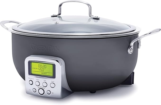 GreenPan Elite Essential Smart Electric 6QT Skillet Pot, Presets to Sear Saute Stir-Fry and Cook Rice, Healthy Ceramic Nonstick and Dishwasher Safe Parts, Easy-to-use LED Display, Graphite