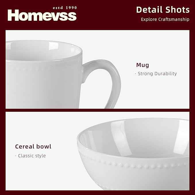 HomeVss, New Bone China Dinnerware Set, Embossed Pearl Design, 20pc Set