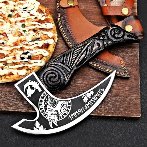 Pizza Cutter Axe Rocker Carbon Steel Slicer Chef Pizza Cutter Viking Axe with Leather Cover (American Eagle)