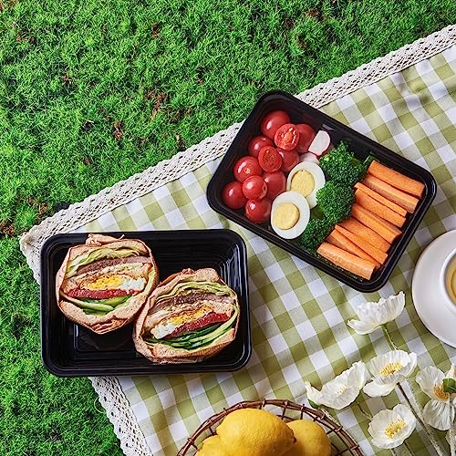 50 Pack Meal Prep Plastic Food Storage Containers With Lids 28 oz 1 Compartment Black Rectangular To Go Lunch Prepping Boxes BPA (28S-50)