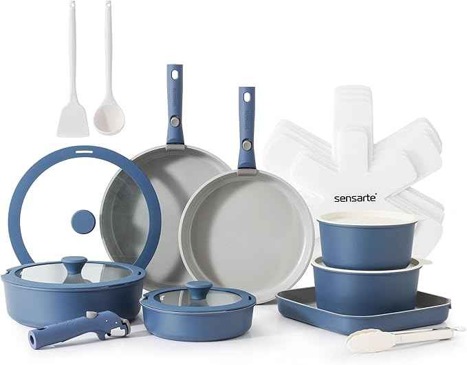SENSARTE 24 Piece Ceramic Pots and Pans Set, Nonstick Detachable Handle Cookware, Induction Kitchen Cookware Set with Removable Handle, Healthy Non Stick for RV, Dishwasher＆Oven Safe, PFOA Free (Navy)