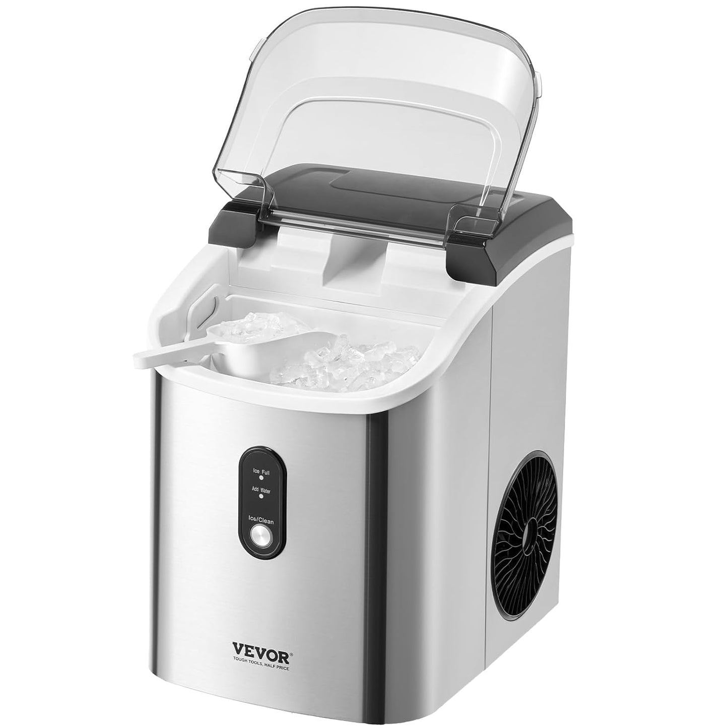 VEVOR Nugget Ice Maker, 33lbs/24H Pebble Ice Maker with Self Cleaning, Chewable Ice Maker with Ice Scoop & Basket, Stainless Steel Ice Machine with Transparent Lid for Home Kitchen Office Bar Party