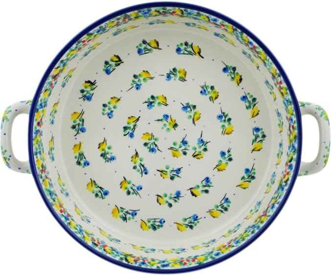 Polmedia Polish Pottery Round Baker with Handles 10-inch UNIKAT - Blueberry Season Pattern Handmade in Boleslawiec Poland by Ceramika Artystyczna + Certificate of Authenticity