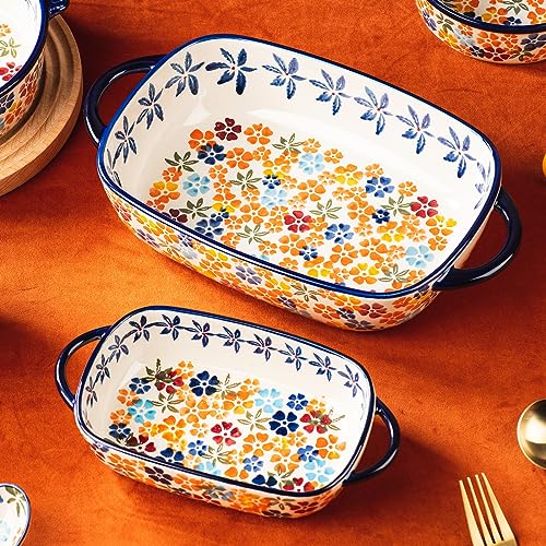 Retro pastoral style Ceramic Baking Dish Rectangular Bakeware Set Baking Pan (Colorful Flower)