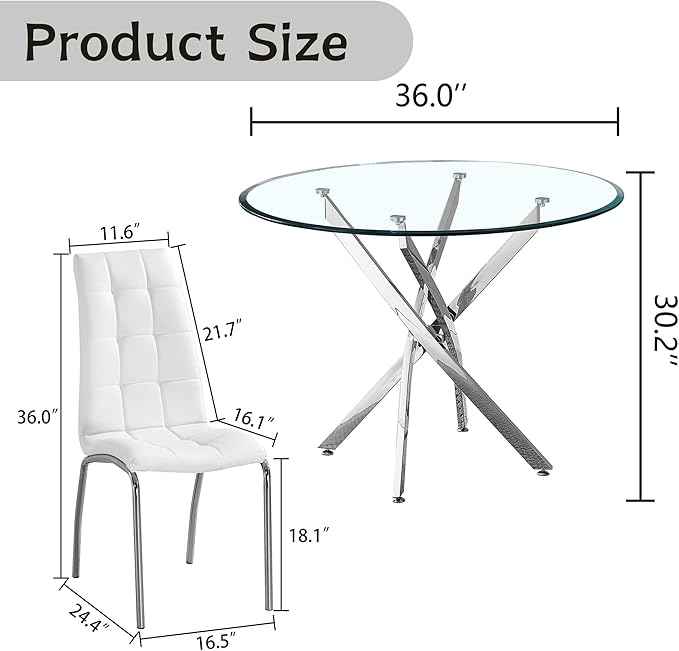5 Piece Round Glass Dining Table Set, Round Tempered Glass Kitchen Table Set for 4, Modern Table Set with 4 High-Back Upholstered Chairs for Kitchen Dining Room (Silver Legs, 4 White Chairs)