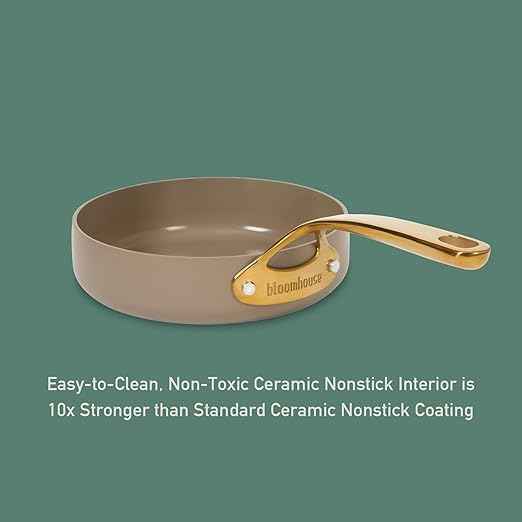 Bloomhouse - Two Time Oprah's Favorite Things Winner - 8 Inch Heavy Duty Aluminum Premium PFA Free Ceramic Nonstick Saute/Deep Frying Pan Skillet - Cappuccino Cream with Gold Handle