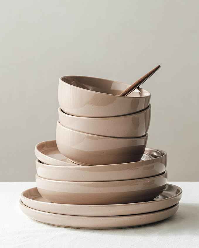 Famiware Milkyway Stoneware Dinnerware Sets with Pasta Bowls, Service for 6 (24 Pieces), Plates and Bowls Sets -Scratch Resistant, Microwave and Dishwasher Safe Dishes Set, Cinnamon Brown