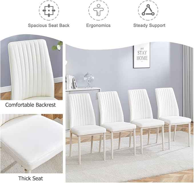 Modern Dining Chairs Set - 4 PU Leather Armless Chairs with Metal Legs for Dinner Room, Office, Waiting Room (Set of 4, All-White)