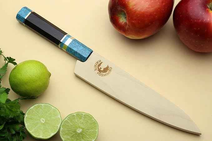Yoshihiro VG-10 46 Layers Hammered Damascus Petty Utility Japanese Chef Knife Octagonal Turquoise Blue Handle (6'' (150mm))