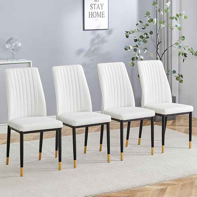 Modern Dining Chairs Set - 4 White PU Leather Armless Chairs with Metal Legs for Dinner Room, Office, Waiting Room