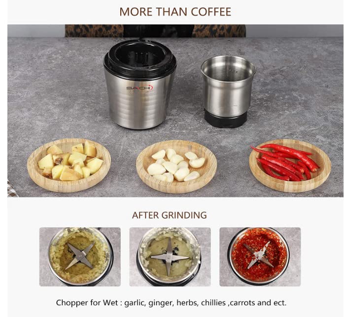 2-in-1 Electric Coffee Grinder Plus Wet and Dry Spice Grinder with 2 Stainless Steel Blades Removable Bowls, SA-2915